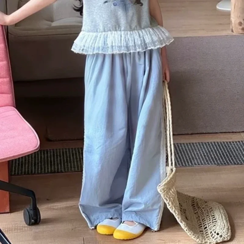 韓国風ガールズストレートレッグカジュアルパンツ夏用サイドレースディテール快適なポリエステル混紡ミッド～ラージサイズ子供服