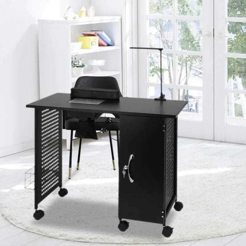 Manicure Table Iron Frame, Nail Beauty Spa Salon Desk Workstation with Electric Downdraft Vent, Wrist Rest, Cabinet