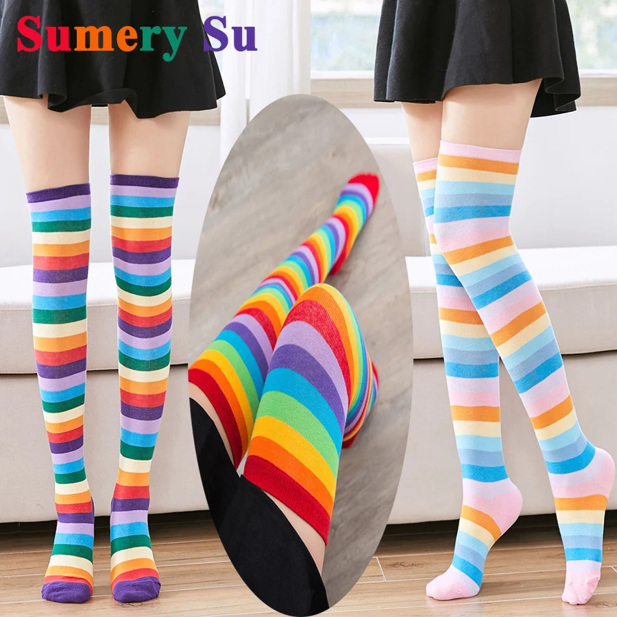 

Stockings Women Socks Thigh High Over Knee Cotton Stripes Rainbow Sexy Cosplay Party Slim Ladies Girls Christmas Halloween Gift