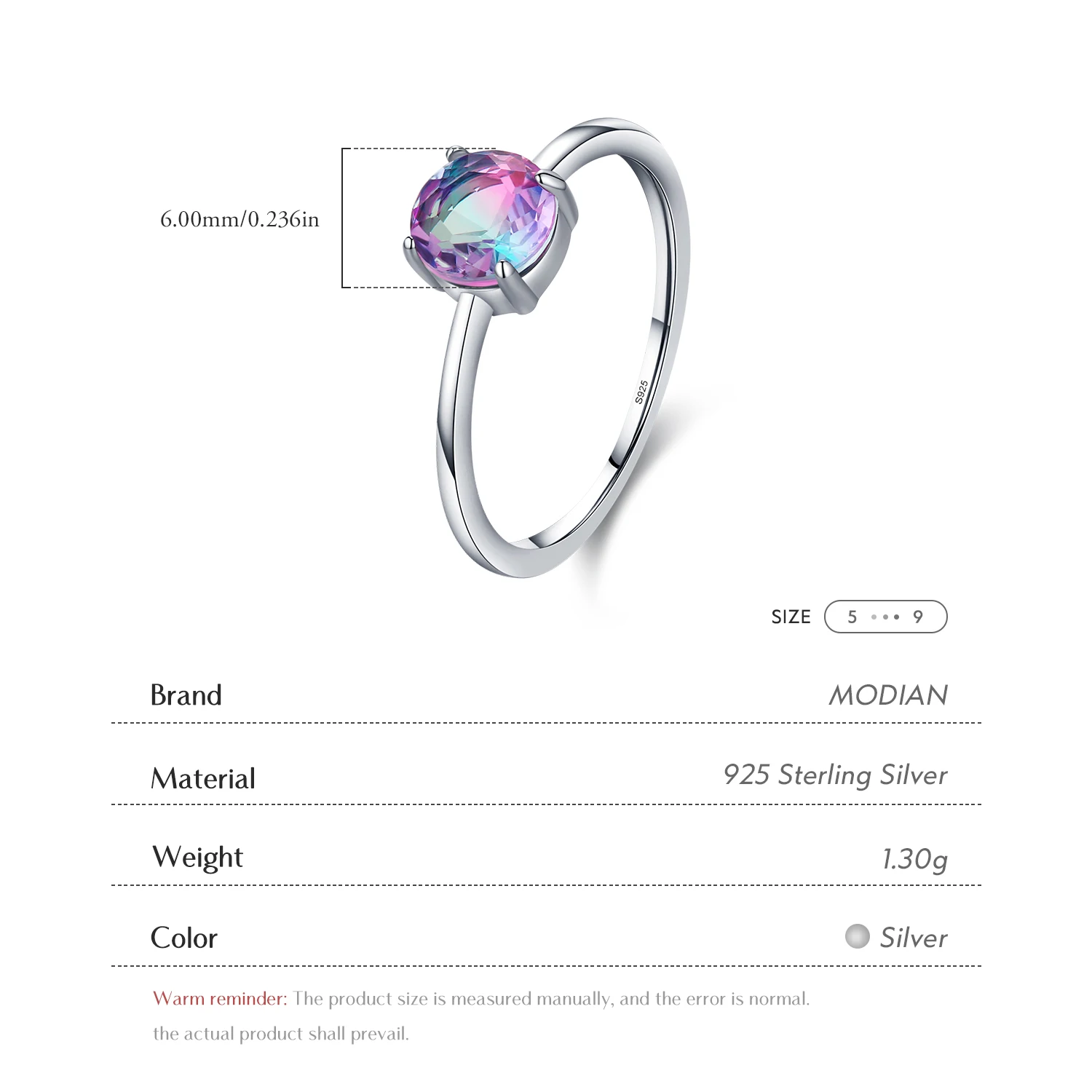 Modian Authentic 925 Sterling Silver Classic Romantic Round Sparkling Watermelon Tourmaline Finger Ring For Women Female Jewelry