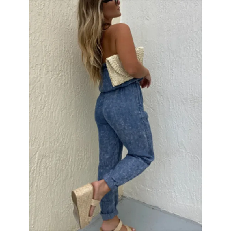 Strapless Jumpsuits for Women Spring Summer Vintage Denim Overalls Jumpsuits Women Loose Ladies Straight Leg Overalls for Women