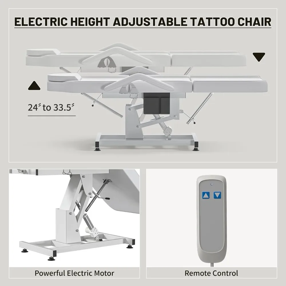 Cadeira de tatuagem elétrica branca para cliente, altura ajustável, cama de esteticista com banco, cadeira facial para massagem, cama de cílios