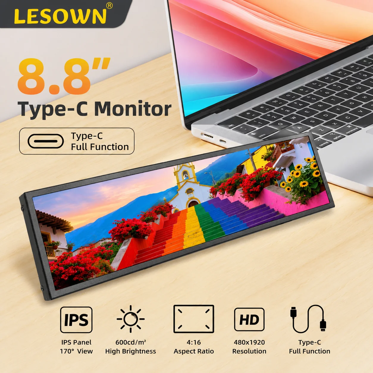 LESOWN 8.8 Inch IPS Display HDTV PC Case Sensor Panel Plug and Play No Driver Stretched Bar for Desktop Stats Monitor