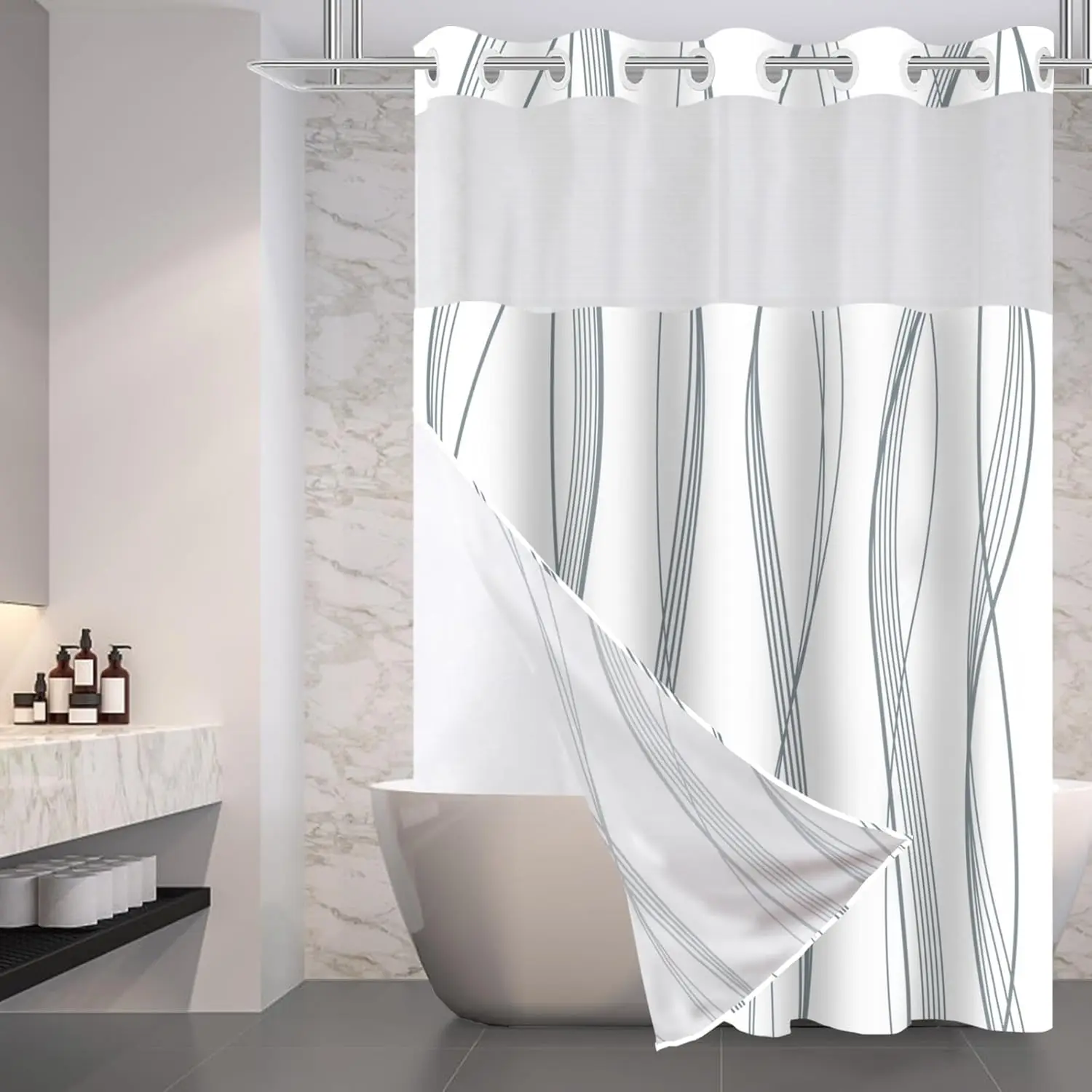 

No Hook Ex a Long Blue Grey S iped Shower Curtain with Snap in Fabric Liner Set - White Hotel Modern Style Double Laye