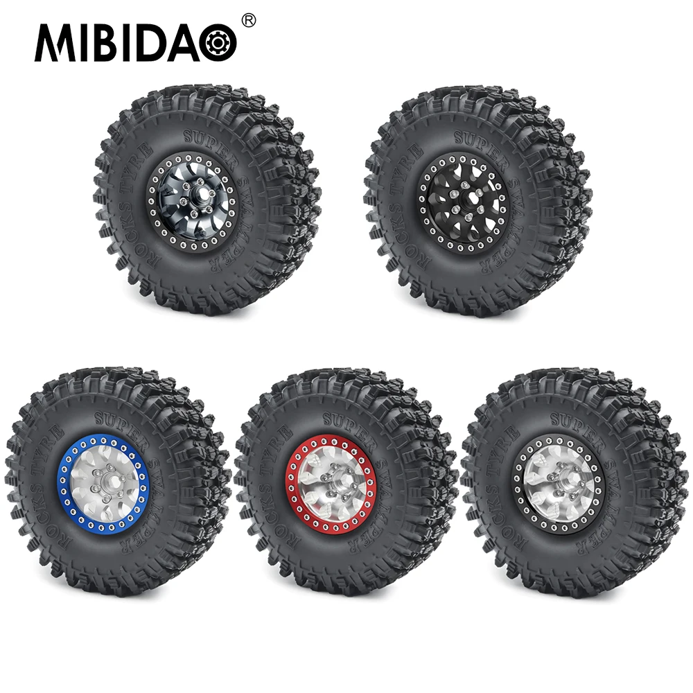 MIBIDAO 4Pcs 1.9inch Metal Alloy Wheel Rims & 120*43mm Rubber Tires Set for Axial SCX10 CC01 D90 TRX-4 1/10 RC Crawler Car Model