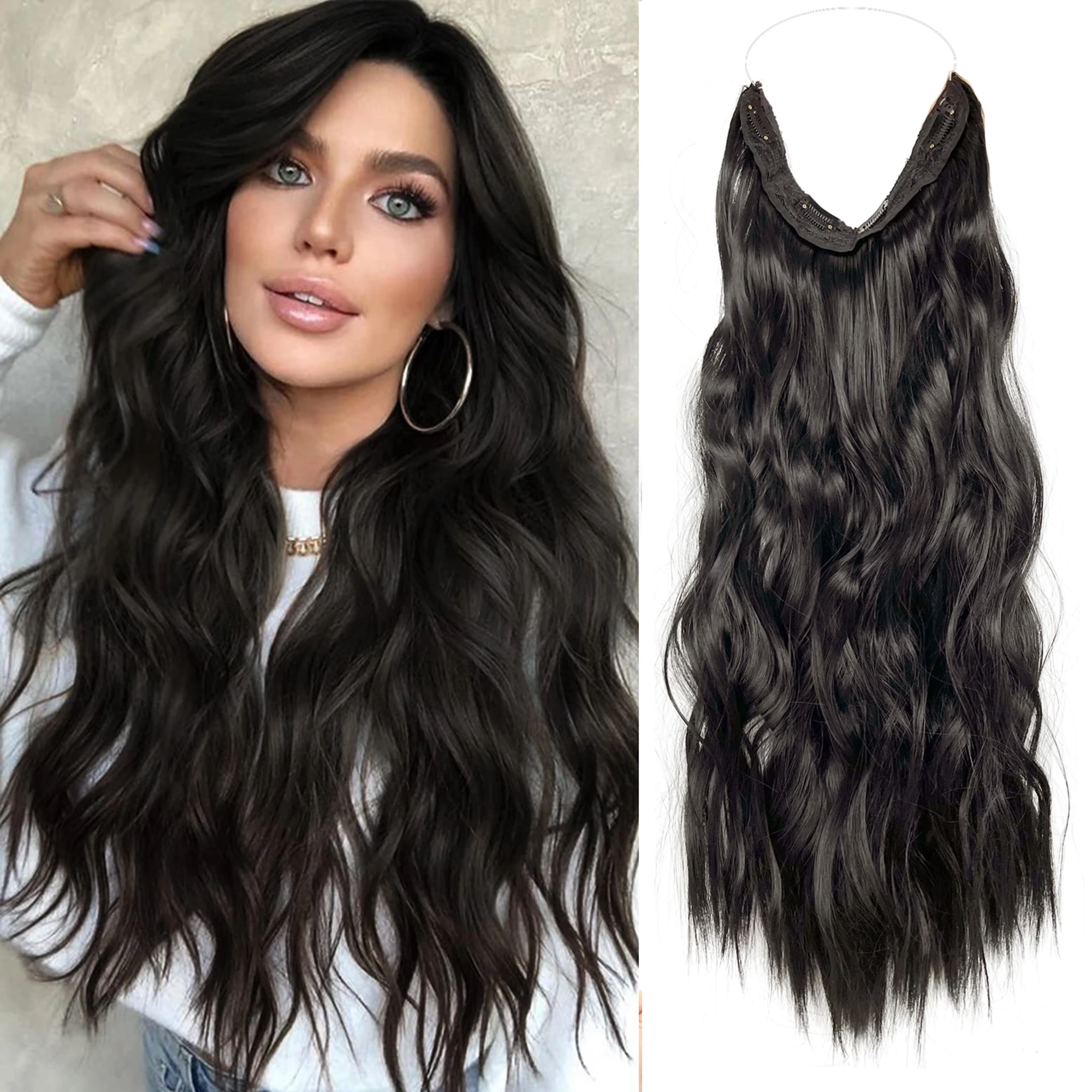 

Наращивание волос, искусственные волнистые волосы с прозрачной проволокой, регулируемый размер, 4 безопасных зажима, Длинные Синтетические шиньоны