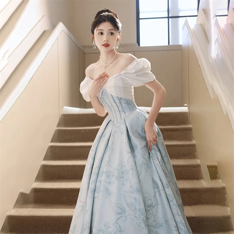 French Blue Evening Dress High-End Feeling Banquet Host Elegant Off-Shoulder Dress Puff Sleeve Long Dress Women\'s Clothing