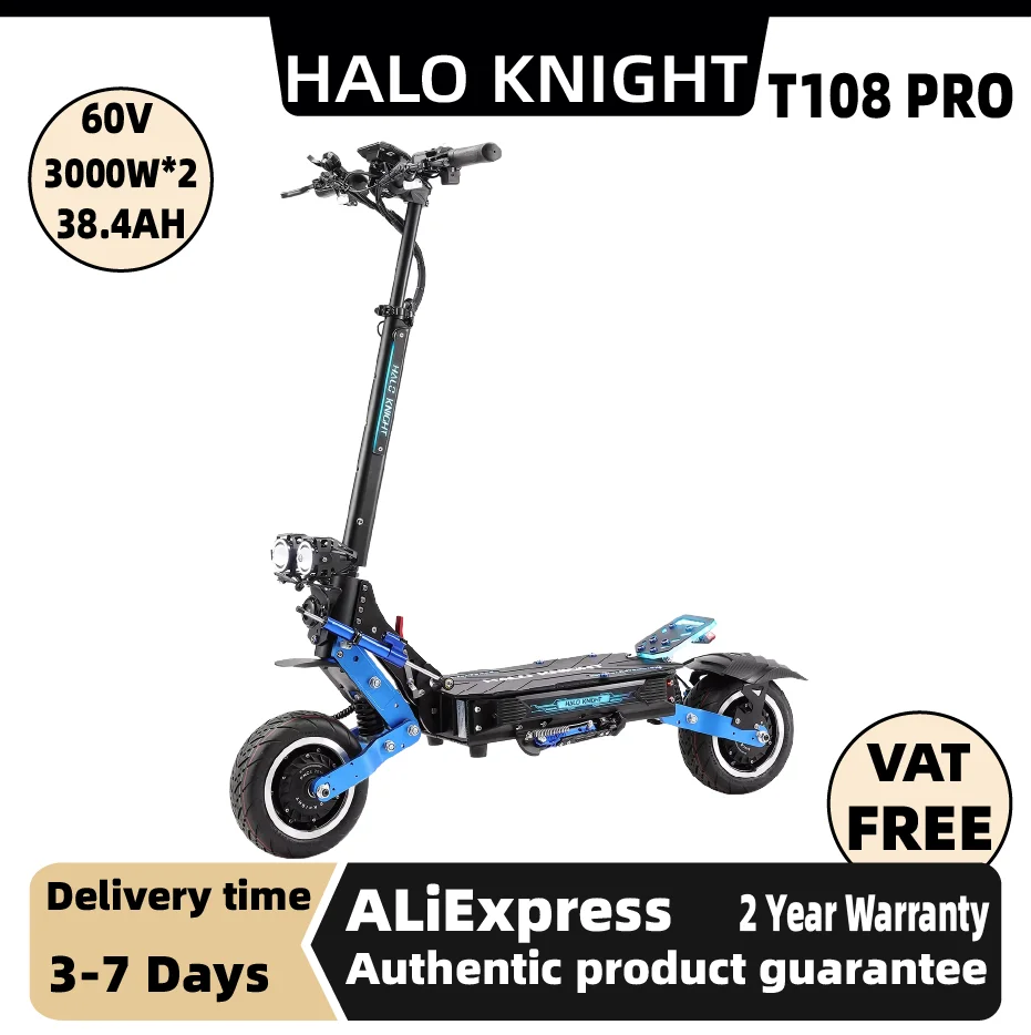 

HALO KNIGHT T108 PRO Adult Foldable Escooter 3000W*2 Electric Scooter 60V38.4AH Battery 11-inch Off Road Tires Scooter