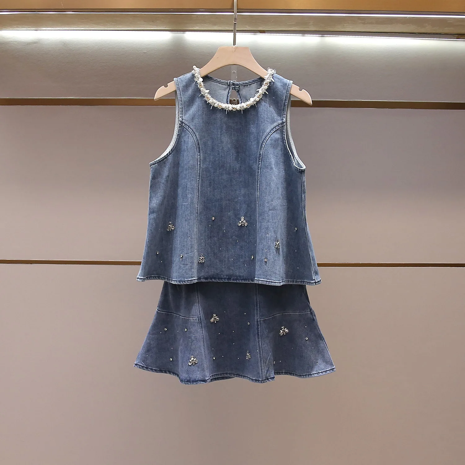 Sweet Embellished Summer New Arrival Women's Top And Half Skirt Denim Set with Lace Trim by Nanyou High End Fashion Brand