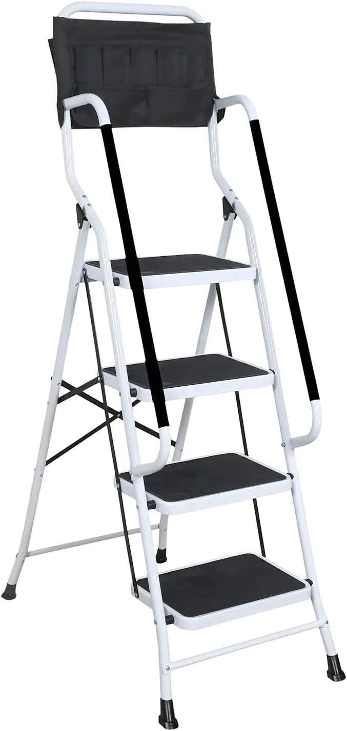 

4 Step Ladder Folding Step Stool with Handrail & Ladder Tool Couch - Folding Safety Step Ladders for Seniors, 300 Pound