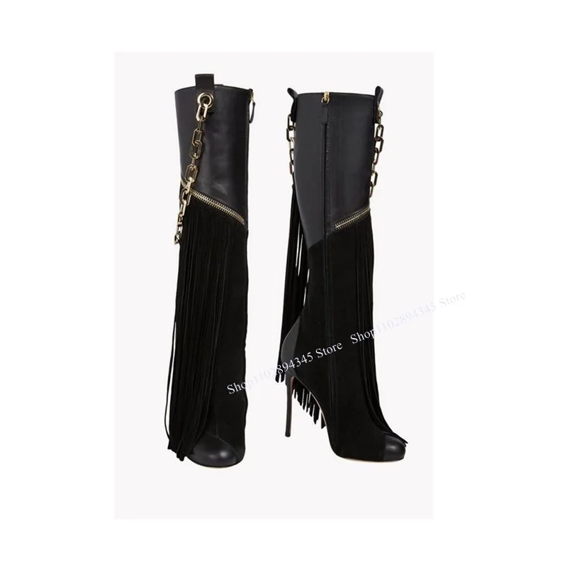 

Black Tassels Patchwork Knee High Zipper Boots Thin High Heel Pointed Toe Fashion Sexy Winter 2024 Woman Shoes Zapatillas Mujer