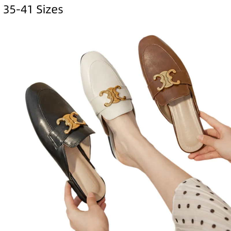

Women Gold Metal Copy Items Fashionable Brand Half Slippers Square Toe Seam PU Leather Shoes Pull On Slides Brown Black Beige 41