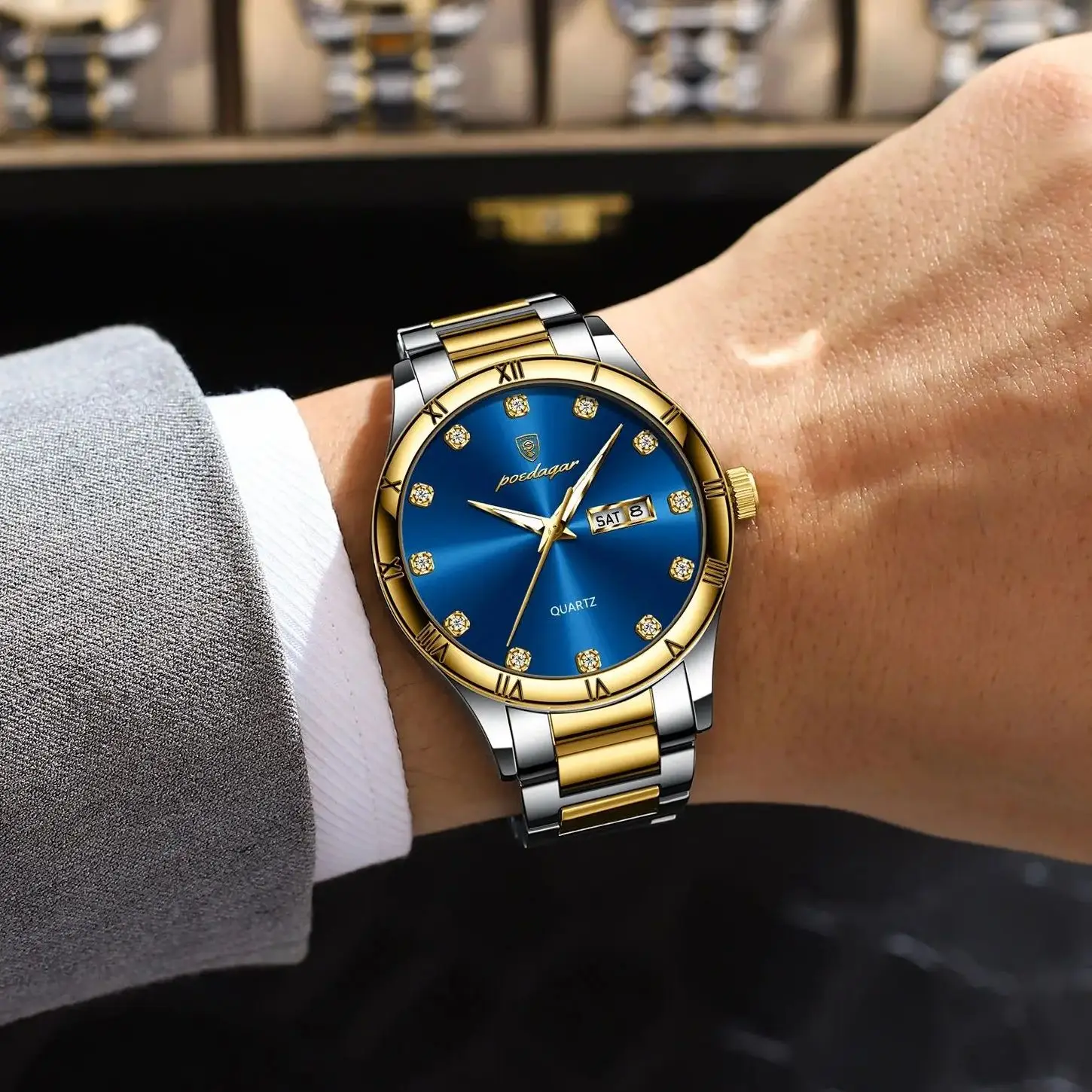 POEDAGAR นาฬิกาสุดหรูสําหรับชายวันที่สัปดาห์กันน้ํา Luminous Man นาฬิกาข้อมือควอตซ์สแตนเลสนาฬิกาผู้ชายกีฬา Reloj