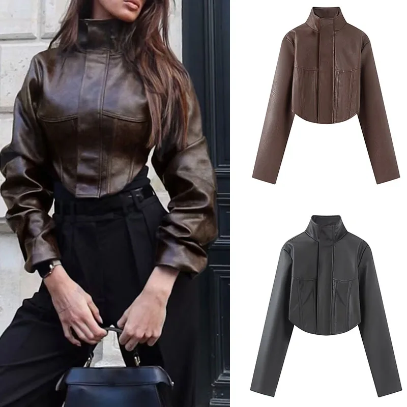 Guobioziy 2026 New Women's Fashion  Solid Color European and American Style Slim Herringbone Stand Collar Jacket  Ultra-Short