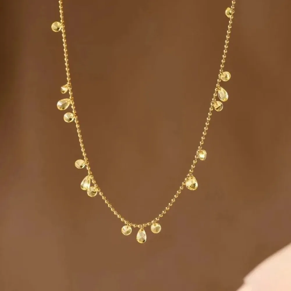 Exquisite Gold Color Stainless Steel  Teardrop-shaped Yellow Crystal Tassel Bracelet Necklace Set for Woman Beads Chain Jewelry