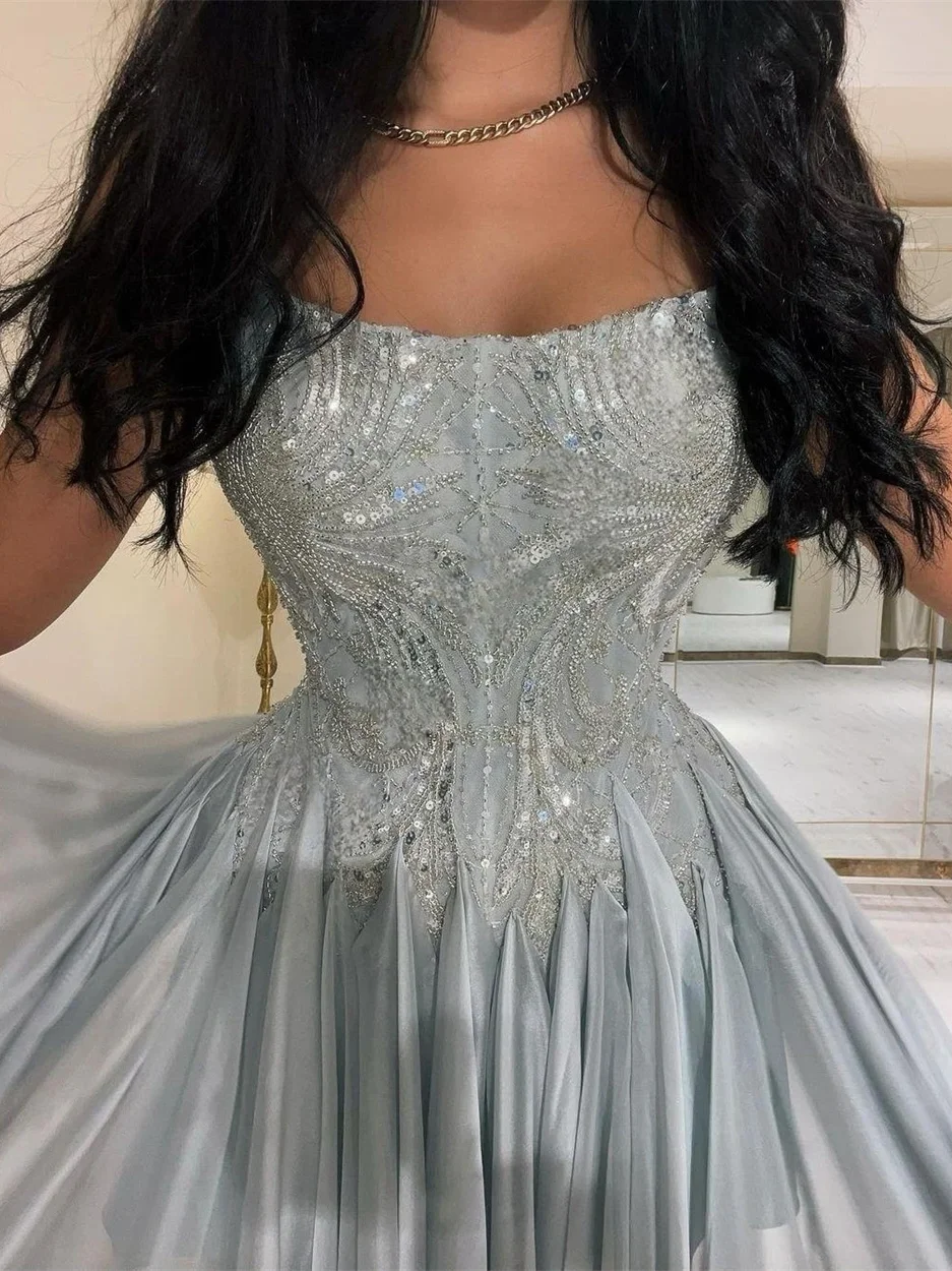 Oisslec Prom Dresses Exquisite Strapless A-line Celebrity Sequin Draped Chiffon Occasion Evening Gown prom dress for black girls