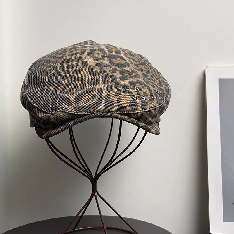 Women's Leopard Fashion Beret Adjustable Forward Cap Spice Girls Hundred with Tide Cool Newsboy Cap Street Painter Hat