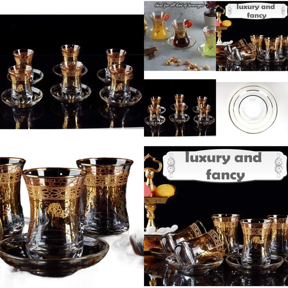 

Set of 6 Vintage Moroccan-Style Turkish Tea Glasses with Saucers, Gold-Accented Glassware for Luxurious Serving and Parties