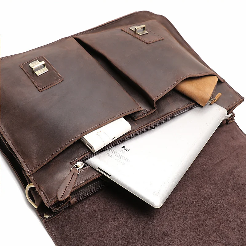 Natural Men's Leather Dark Brown Briefcase Vintage Portfolio Handbag Fashion Satchel Messenger Bag Office Laptop for Men