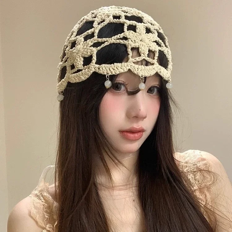 Pearl Pendant Knitted Hat for Women – Elegant and Feminine Openwork Wool Hat, Floral Pull-over Hat, Crocheted Beanie