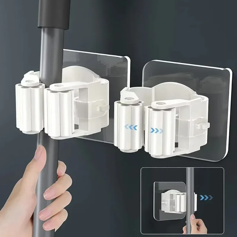 10Pcs Easy-Install Wall-Mounted Mop & Broom Holder - Strong Adhesive No-Drill Storage Rack & Utility Hooks for Brooms