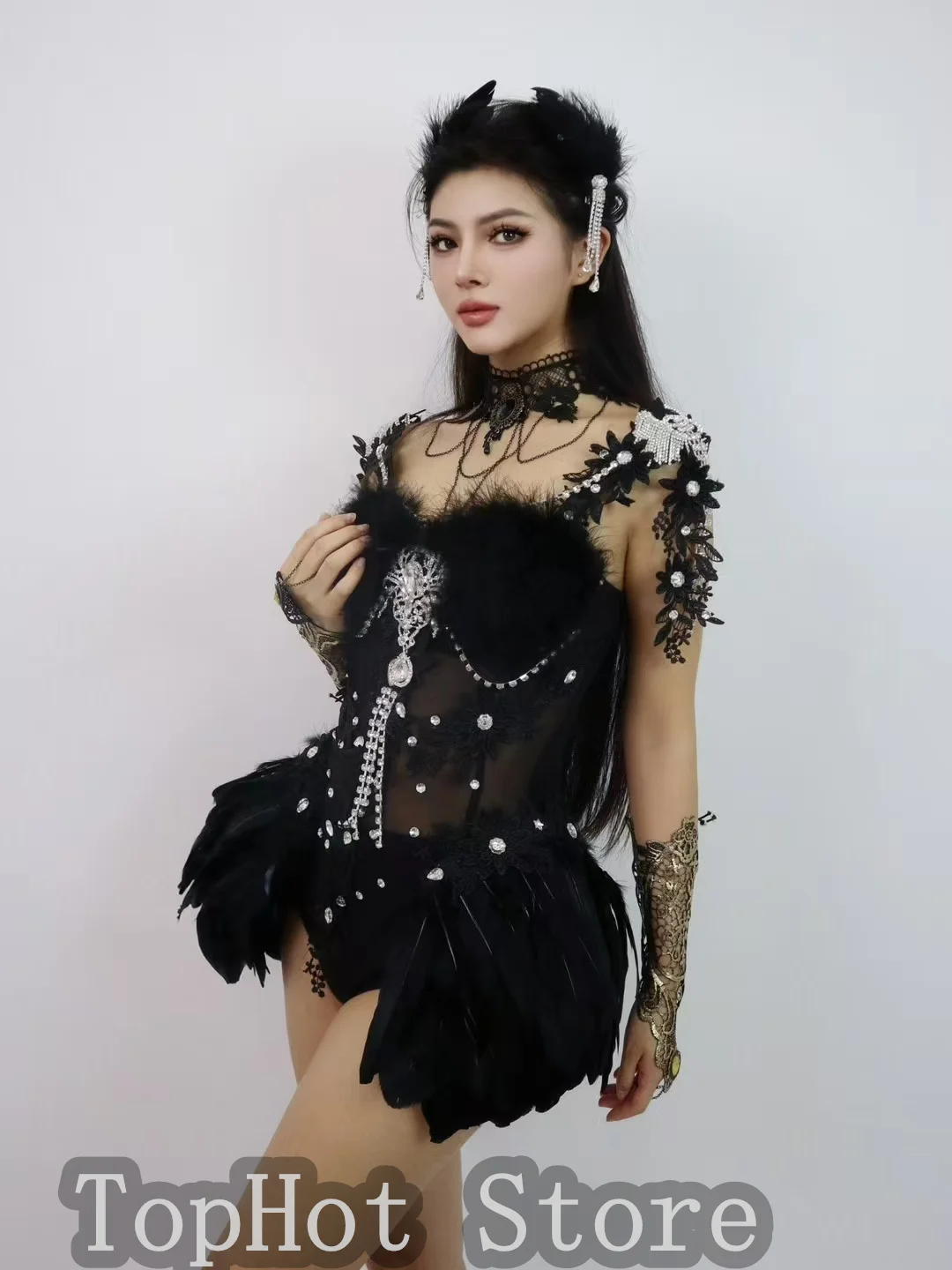 Vrouwen Zanger Danser Nachtclub Gogo Dans Kostuum Zwarte Veer Transparant Kant Bodysuit Sexy Stadium Slijtage Club Party Prestaties