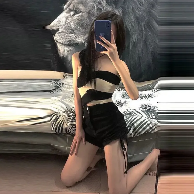 

Strapless T Shirt Women's Short Sets 2 Pieces Cotton High Waist Heather Female Shorts Skinny Classic New Features of Matching