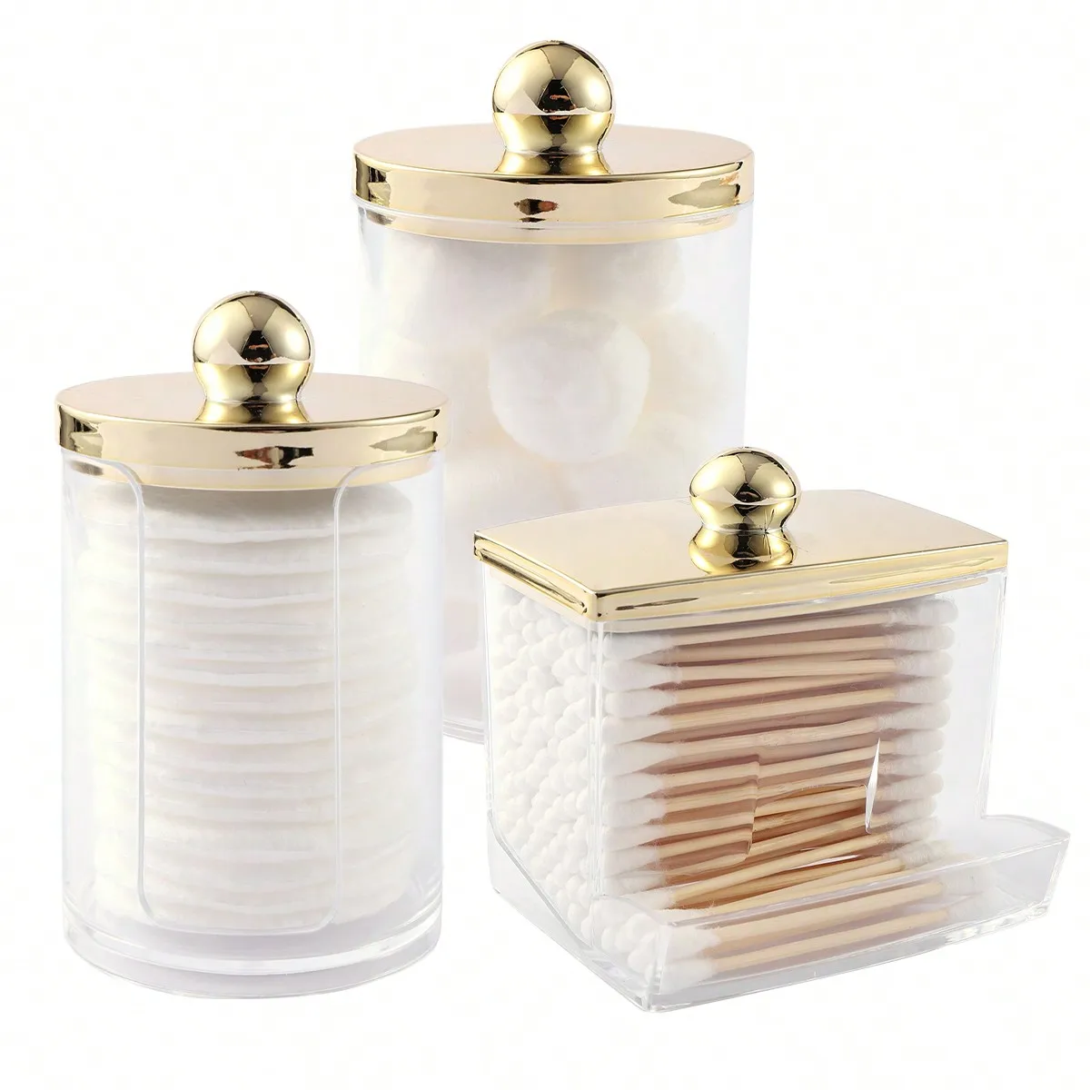 3 Pcs Qtips Dispenser Bathroom Container With Golden Lid , 10 Oz Qtips Ball Holder, Clear Plastic Apothecary Jar Organizer For Storage Qtips Swab, Round Pads, Floss Picks