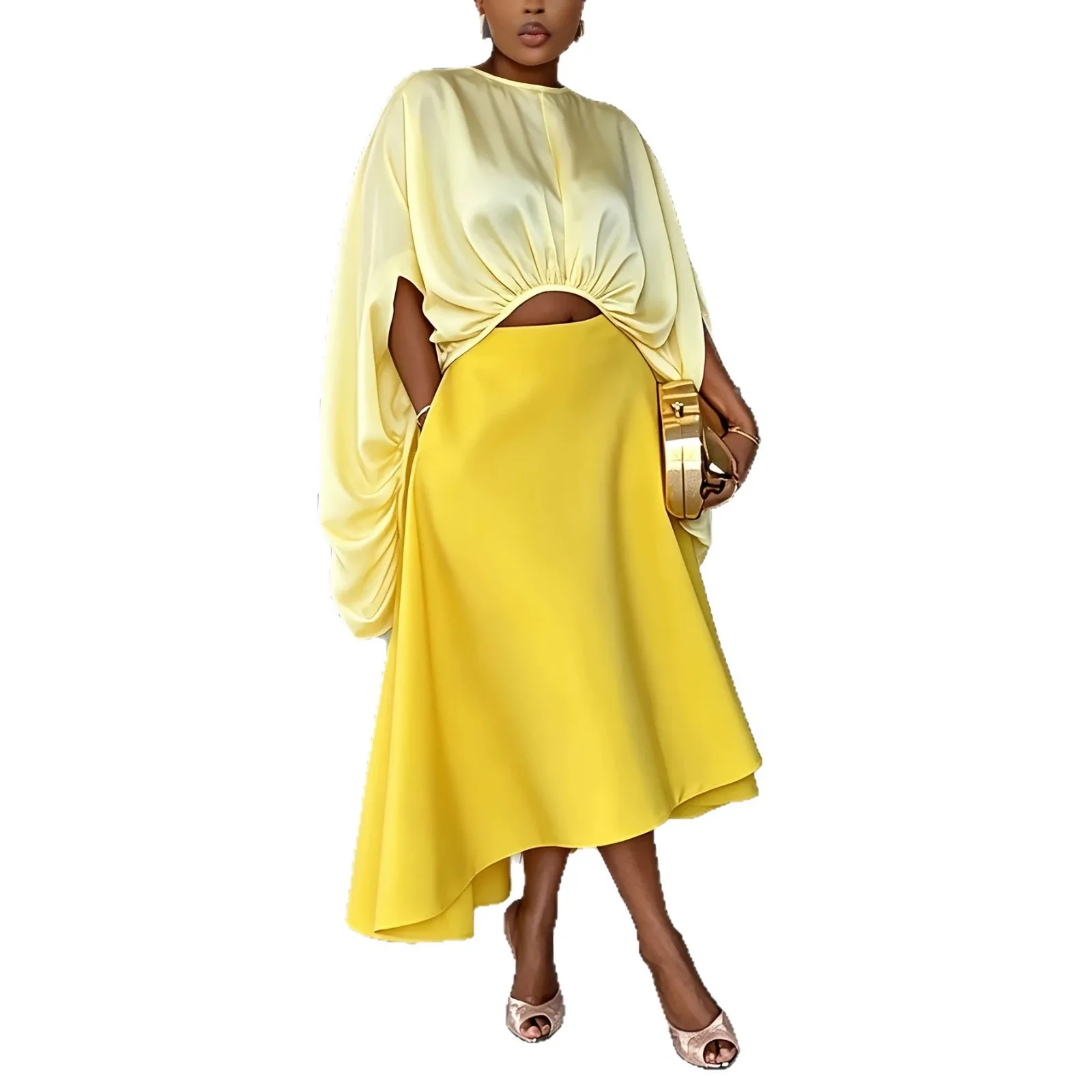 Women Satin Two Piece Outfit Set Batwing Sleeve Cutout Crop Top and Asymmetric Midi Skirt  Pockets Elegant Matching Set image 5