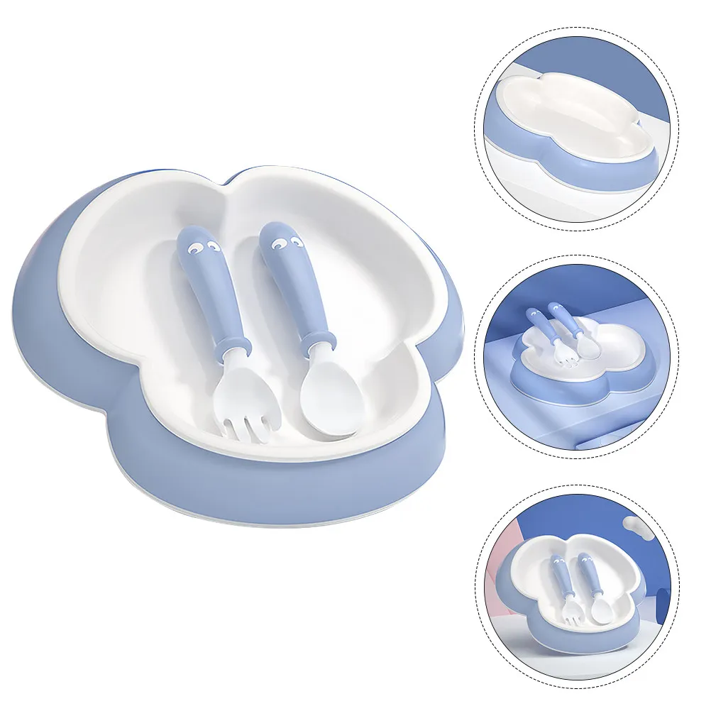 1Set Baby Dinner Plate Spoon Fork Set Cartoon Clover Shape High Temperature Resistant Food Supplement Bowl Baby Supplies