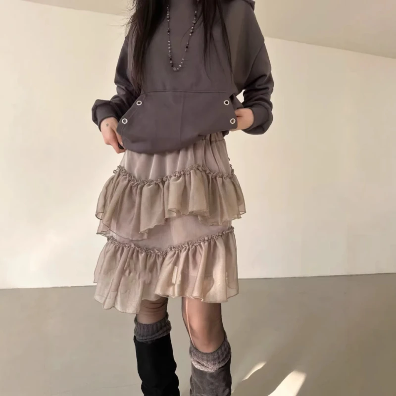 

2026 Summer Hot Selling New Design Sense Solid Color Mesh Multi-layer Cake Skirt Elastic Waist Half Skirt for Women