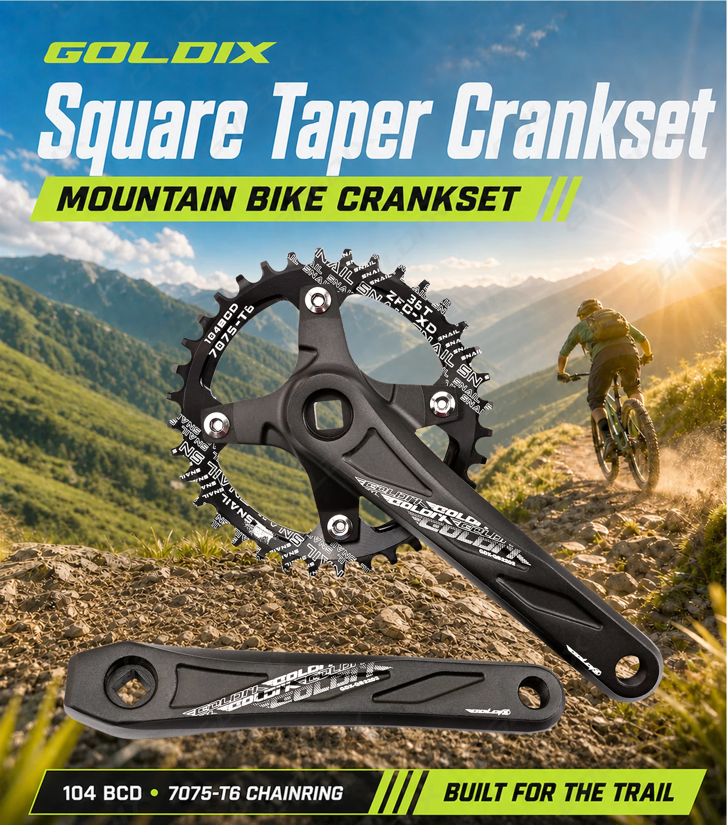 GOLDIX Fahrradkurbelgarnitur mit Vierkantloch, Aluminiumlegierung, MTB-Kurbel, 165/170/175 mm Länge, schmale breite Zähne, 104BCD, 32/34/36/38/40/42T – Detail 1