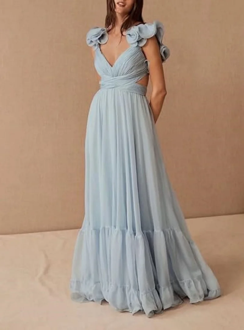 

Chiffon Ruffle Prom Dresses Floral Sleeves V Neck Long Bridesmaid Dress Backless A Line Laced Up Back Formal Evening Gown