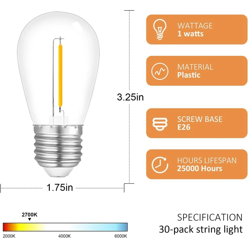 M11K-30-Pack Outdoor String Light Bulbs, Waterproof S14 Replacement Bulb, E26 Base Warm White