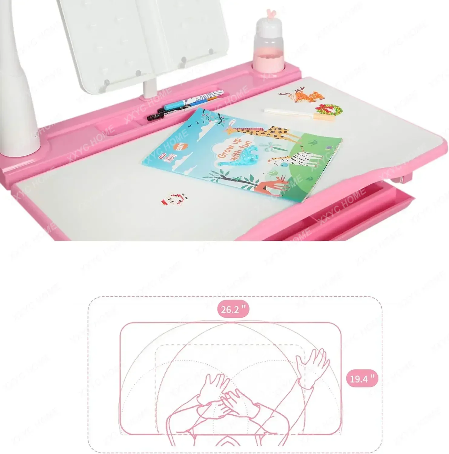 Kids Functional Desk and Chair Set, Height Adjustable Children School Study Desk with Tilt Desktop, Bookstand