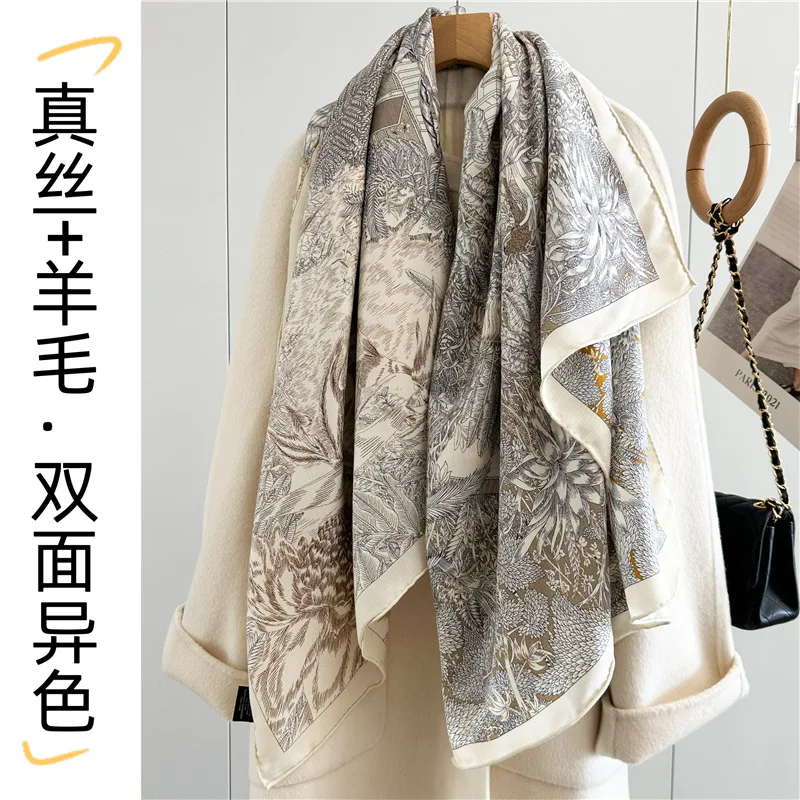 

Шелковый шерстяной квадратный шарф, двусторонний гетерохромный модный шаль ручной работы с подшивкой, шелковый шерстяной шарф