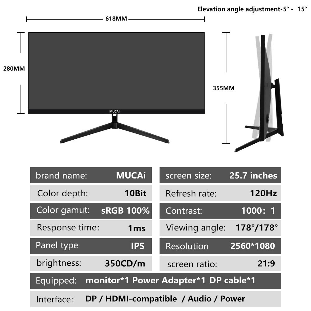 Imagem -06 - Tela de Computador para Jogos 25.7 Polegada Monitor Quasi2k 120hz Wfhd Display Amplo 21:9 Ips Desktop Led Não Curvo dp 2560x1080 Mucai-n2570