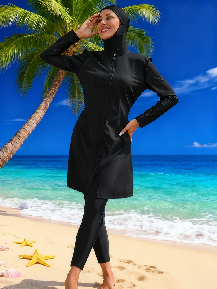 4 قطعة/المجموعة النساء Burkinis ملابس سباحة إسلامية بأكمام طويلة بلون ملابس السباحة الإسلامية حماية UPF50-UV