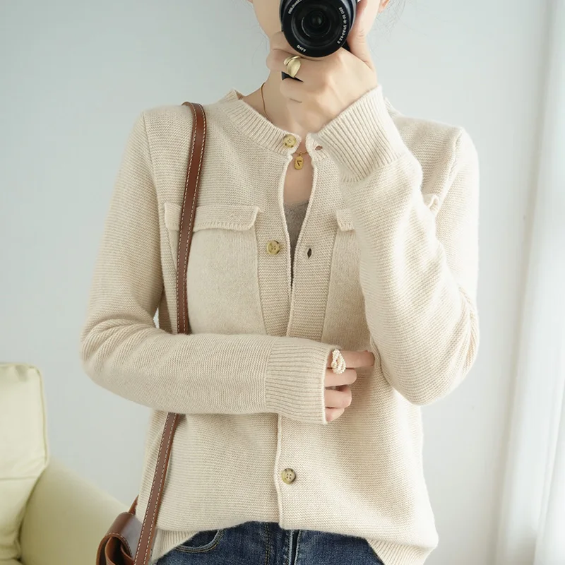Aliselect 2024 Hot Sales Spring Autumn Women Cardigan 100% Merino Wool Knitted Sweater Tops Coat Casual O-Neck Pocket Soft Shirt