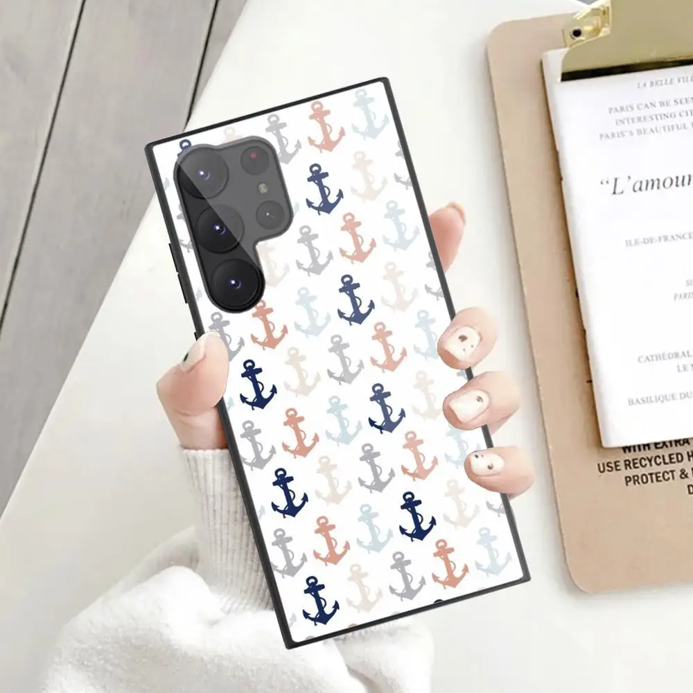 Kawaii anchor Phone Case For Samsung Galaxy S24 S23 S22 S21 S20 Ultra FE Plus Black Glass Case Cover