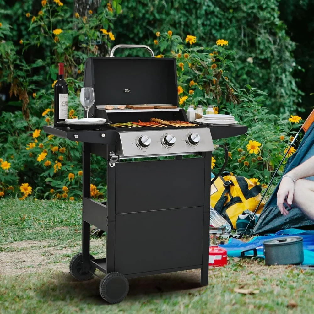 

3 Burner Griddle & Grill Combo with Enameled Cast Iron Grate, Propane BBQ Grill with Foldable Side Table and Hanging Basket