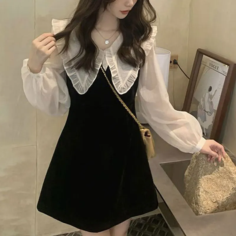 Fake Two Pieces Doll Collar Mini Dress Spring Autumn Patchwork Long Sleeve Women\'s Clothing Korean A-Line Waist Basic Dresses