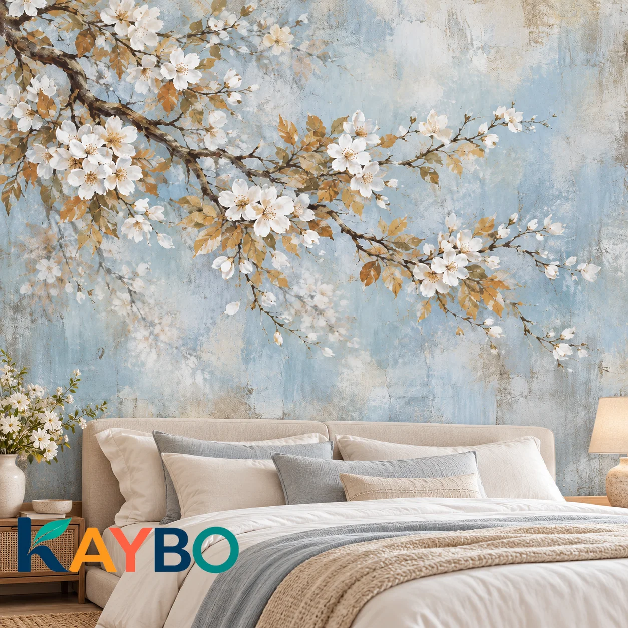 Wallpaper Mural Cherry Blossom Floral Wall Decor Blue Watercolor Spring Flower Branch Nature Home Bedroom Non Self Adhesive
