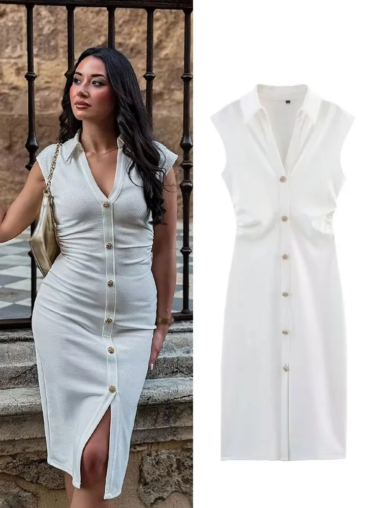 

Элегантное длинное платье женское, новинка 2023 года, летнее шикарное однобортное платье миди без рукавов со рюшами, офисное женское винтажное повседневное платье