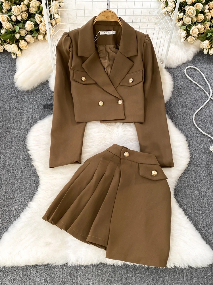 Fashionable Women's Suit Set British Style Short Jacket High Waist Slimming A-line Pleated Skirt 2024 Elegant Temperament Sets