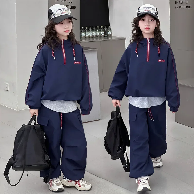 

Детские комплекты из 2 предметов для девочек, осенний свитшот с длинными рукавами на молнии с буквенным принтом + штаны-карго, школьные комплекты для девочек, комплекты для девочек от 4 до 14 лет