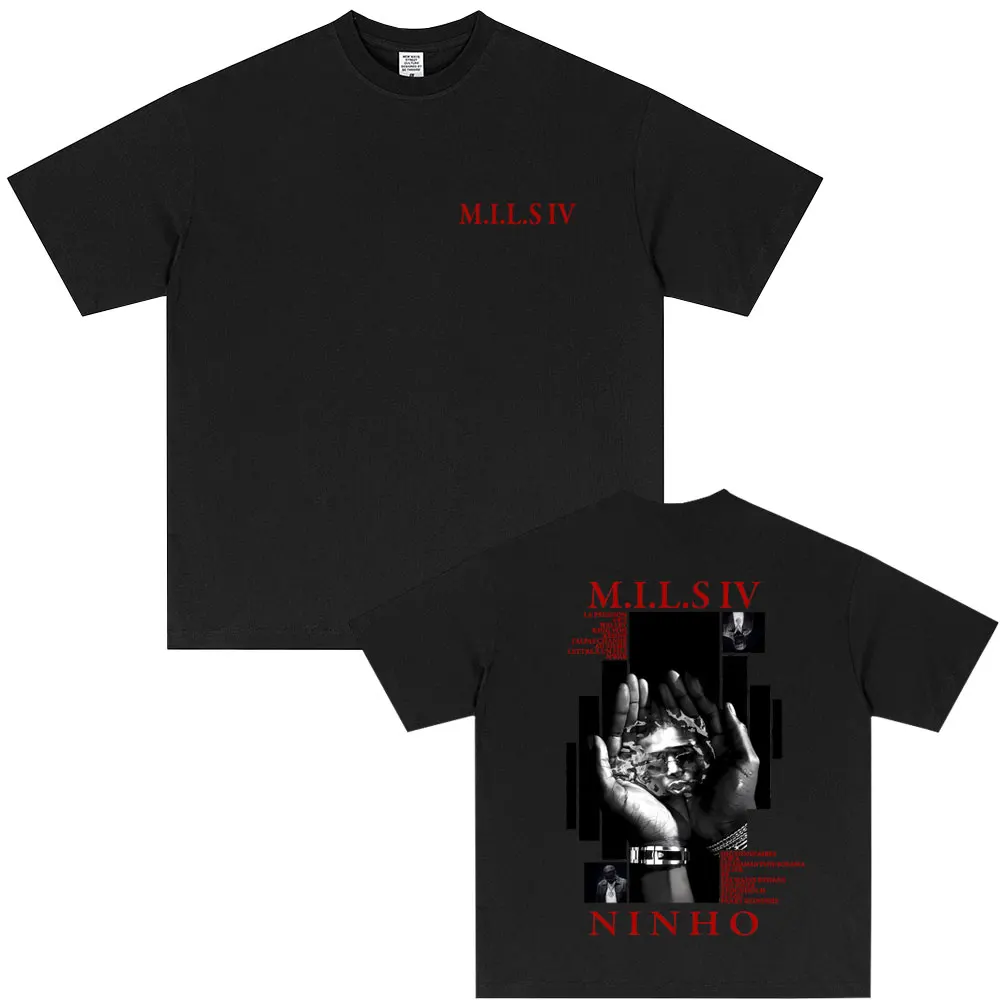Rapper Ninho MILS 4 Album Grafik T-Shirt Herren Mode Übergroßes Streetwear Unisex Hip-Hop Pop Musik T-Shirt Herren Baumwoll-Oberteil – Detail 3