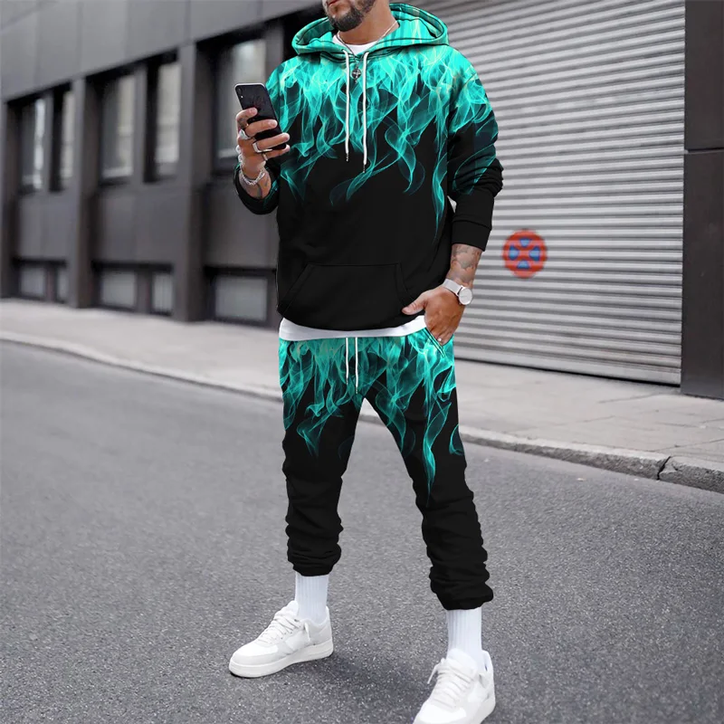 Colorful Flames 3D Print Hoodie Suit  Autumn Fashion Men's Hoodie 2 Piece Set Street Pullover Male Casual Tracksuit Hoodie Set