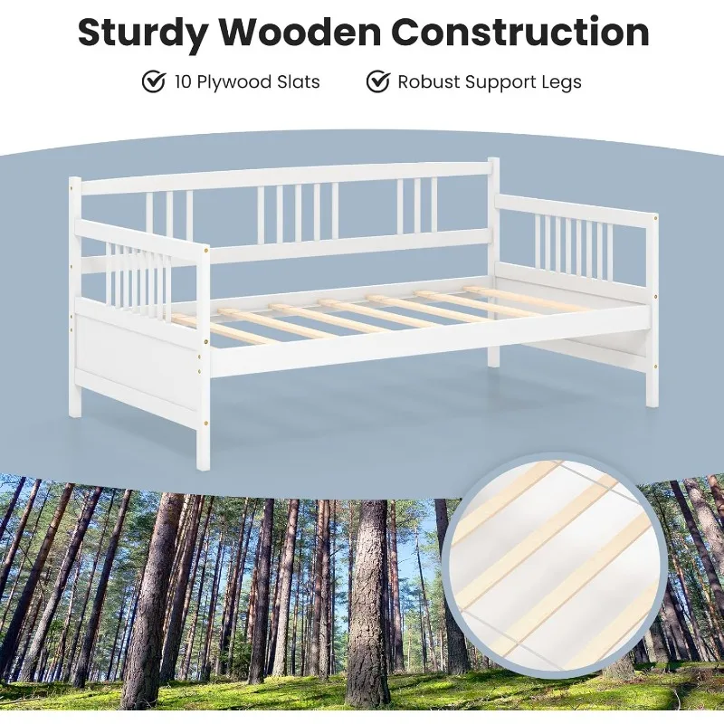 Twin Daybed Frame, Wooden Sofa Bed Guest Bed With Rails & Wood Slat Support, Dual-use Twin Size Platform Bed Frame For L