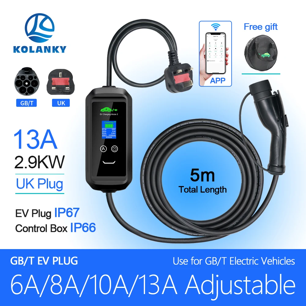 

KOLANKY EV Charger 13A 2.9KW GBT Standard Tuya App Wifi Control Timer Charging UK Power Plug For Chinese Eletric Hybrid Cars 5M